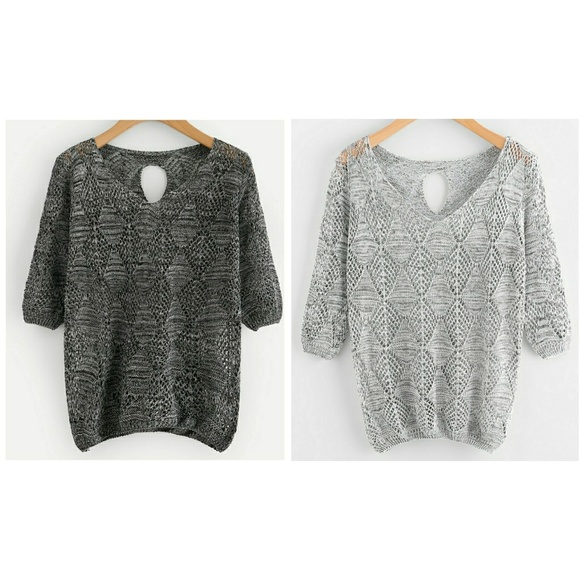 🎀V-neckline Keyhole Back Open Knit Black Sweater - Picture 3 of 6